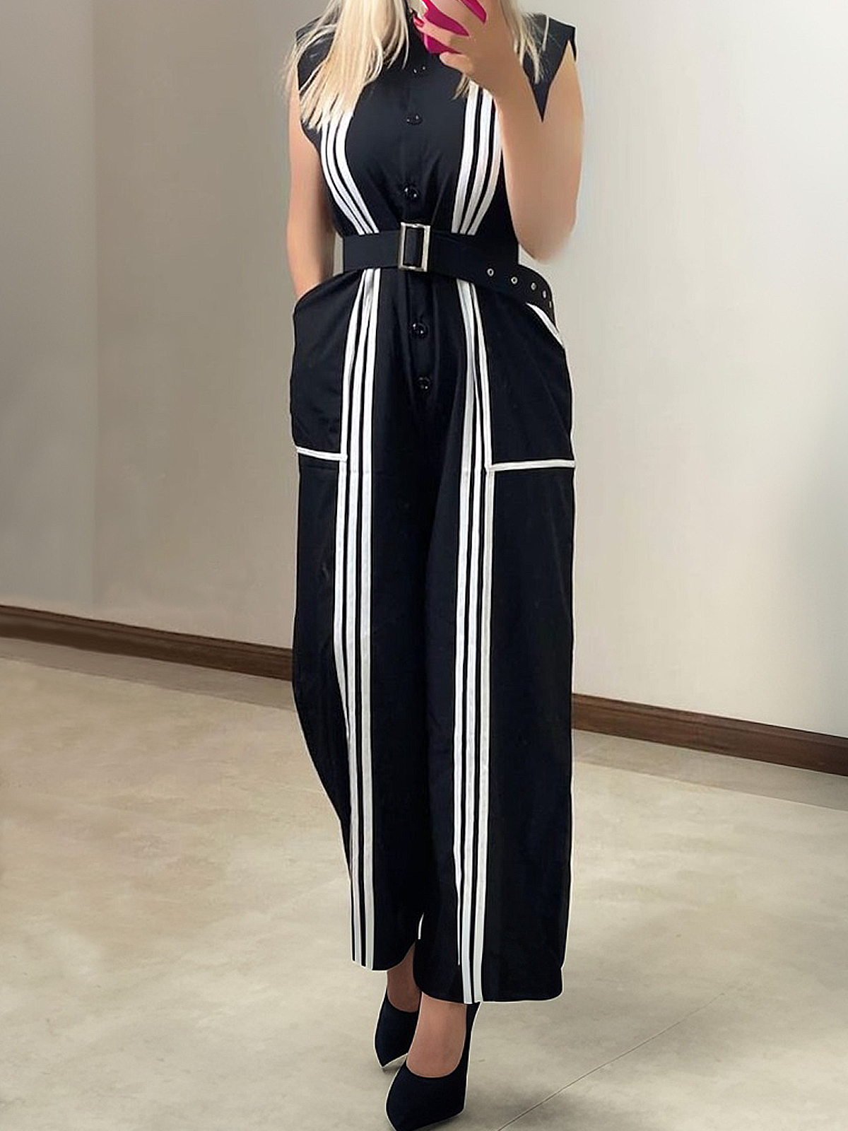 Casual Color Block Stand Collar Shirt Jumpsuit With Belt