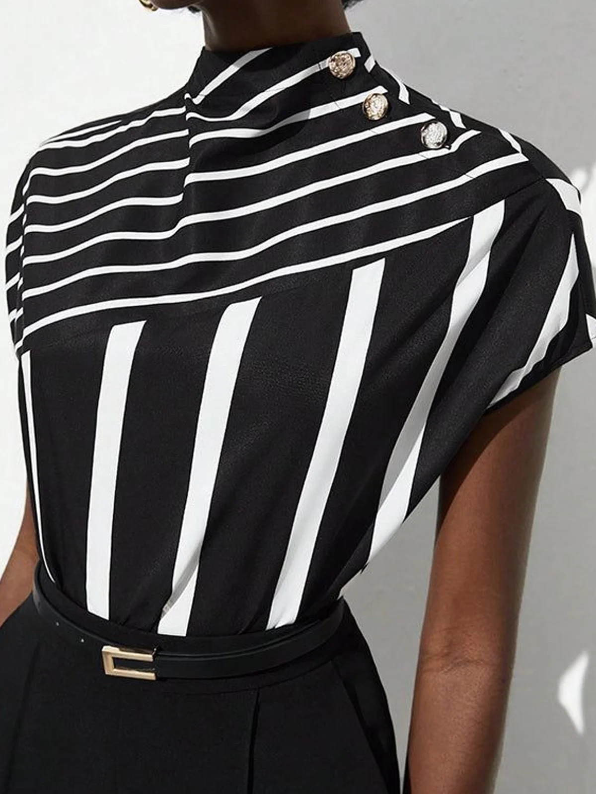 Urban Striped Buckle Mock Neck Blouse