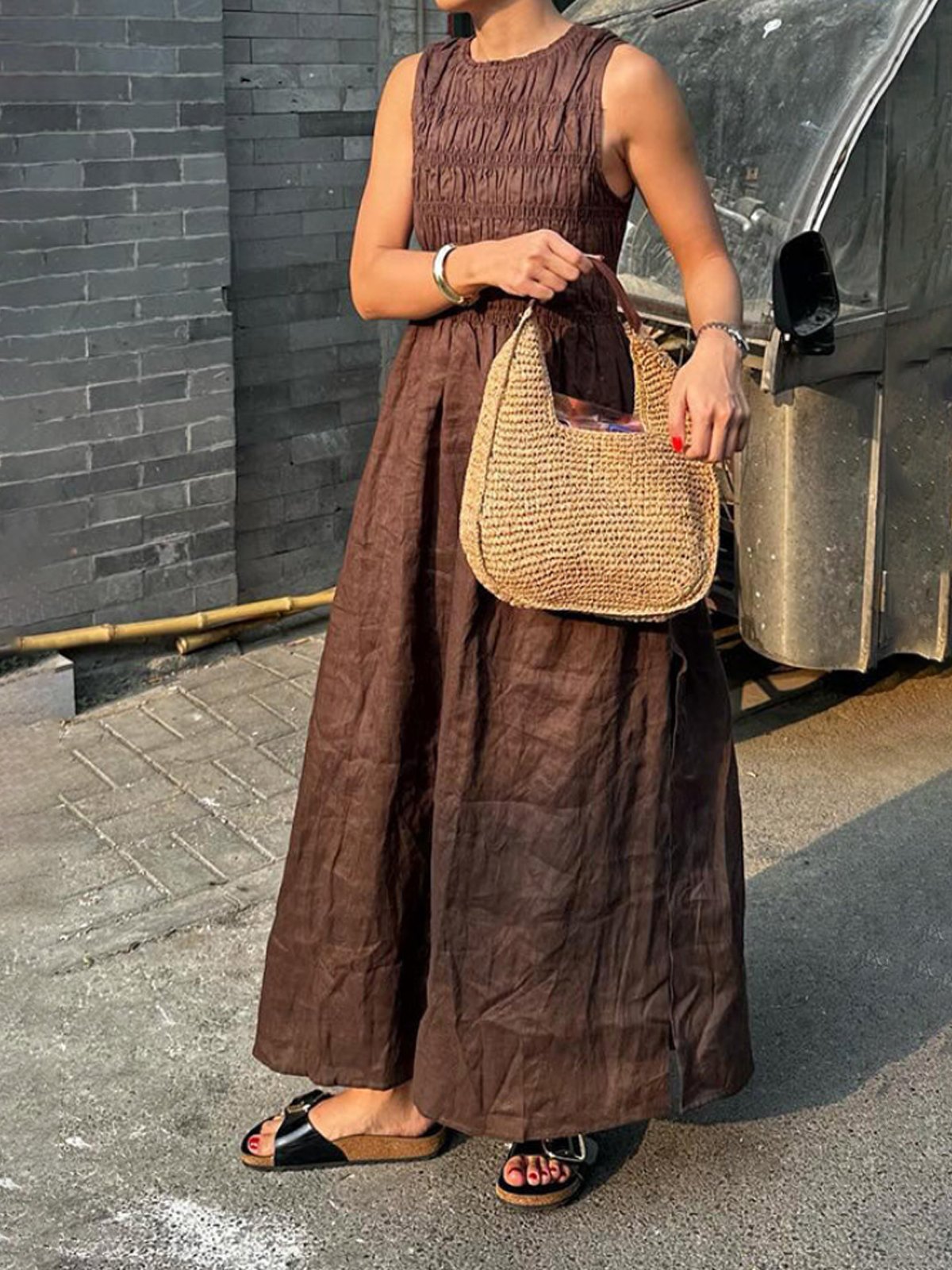 Cotton And Linen Casual Plain Sleeveless Crew Neck Maxi Dress