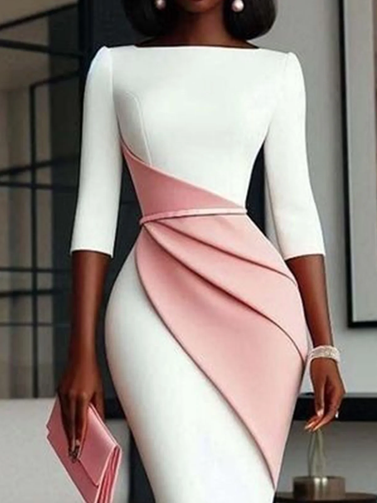 Elegant Color Block Boat Neck Knee Length Dress