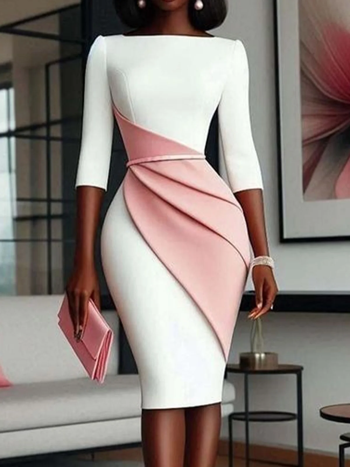 Elegant Color Block Boat Neck Knee Length Dress