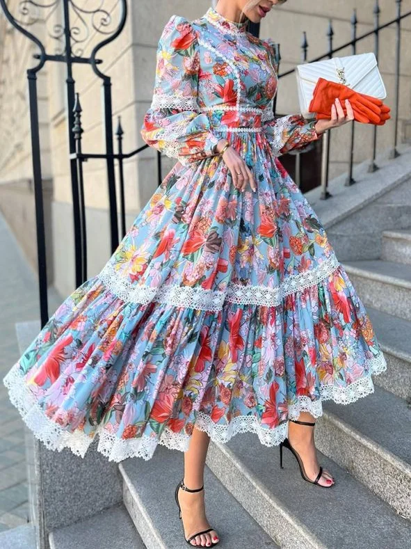 Elegant Floral Balloon Sleeve Lace Midi Dress