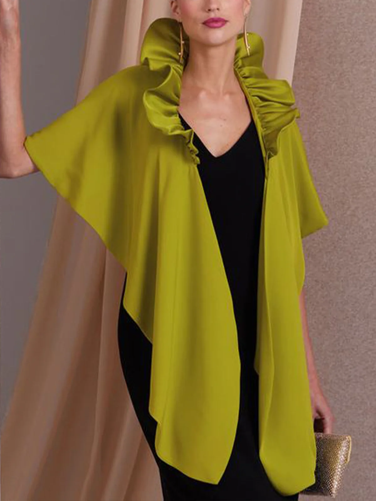 Elegant Peplum Plain Lotus Leaf Collar Kimono