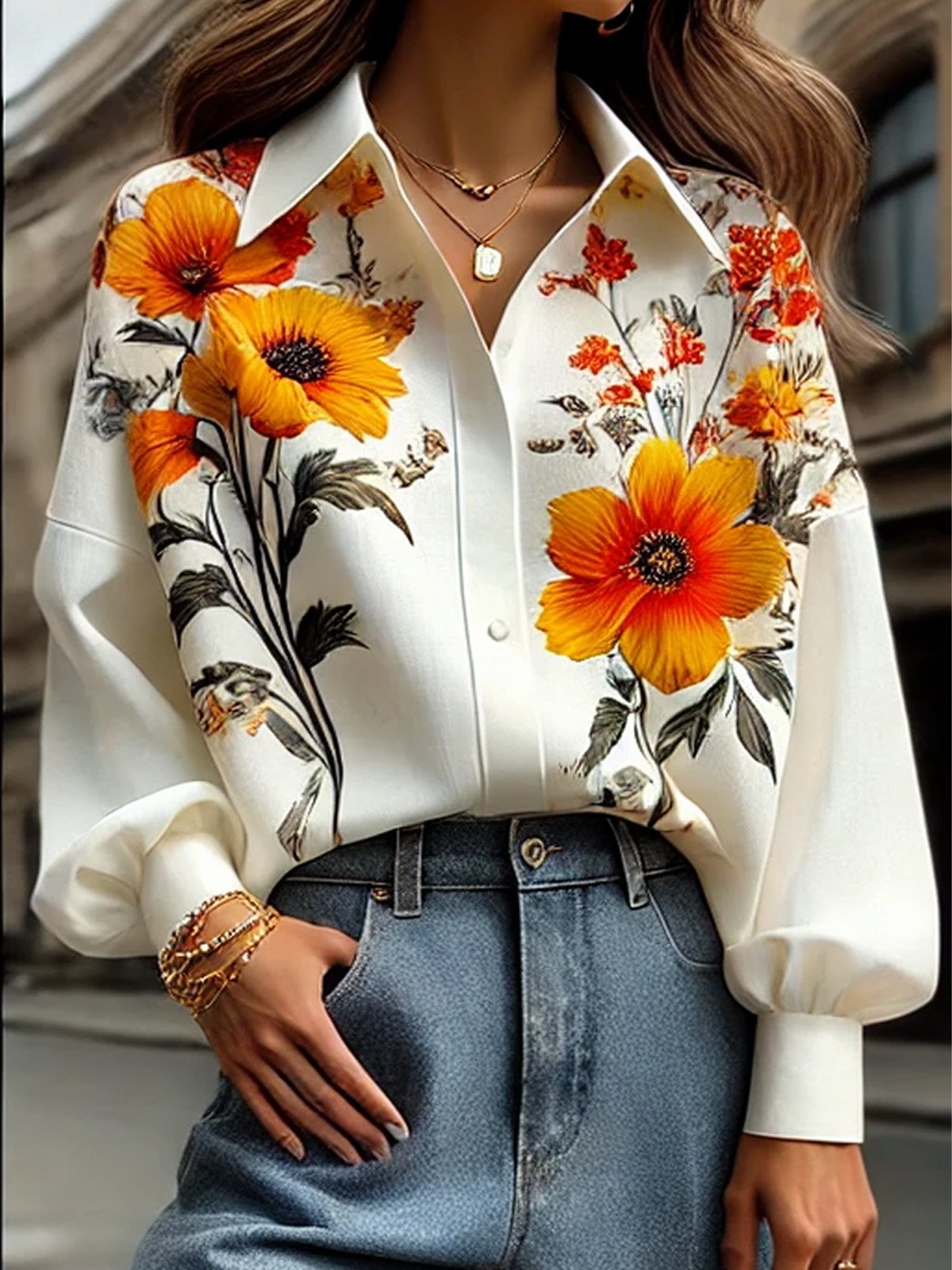 Urban Floral Printing Shirt Collar Balloon Sleeve Shirt