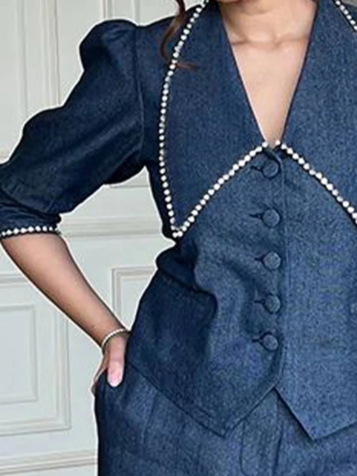 Urban Plain Beaded Shawl Collar Puff Sleeve Denim Shirt