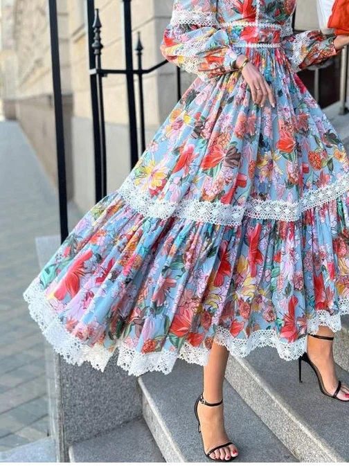 Elegant Floral Balloon Sleeve Lace Midi Dress