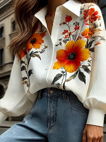 Urban Floral Printing Shirt Collar Balloon Sleeve Shirt