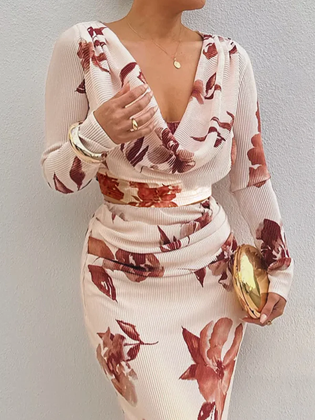 Elegant Floral Printing Cowl Neck Blouse