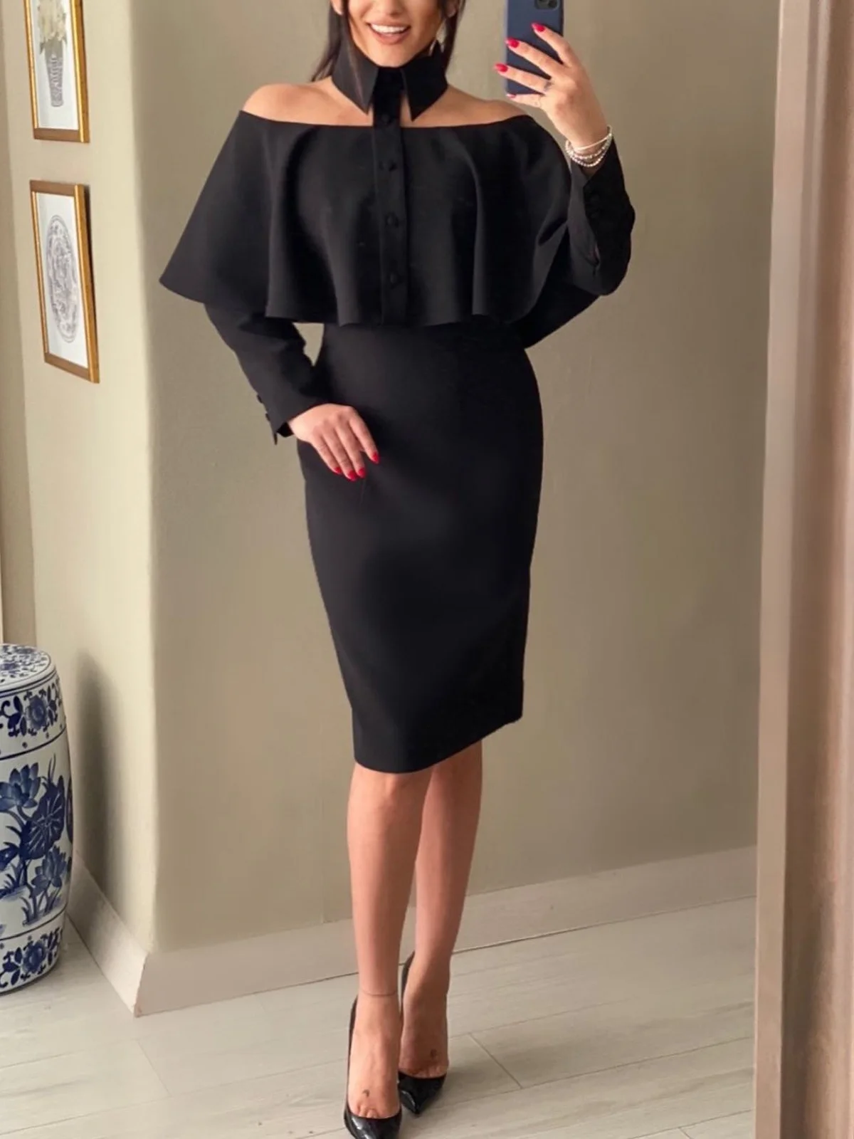 Elegant Plain Split Joint Shirt Collar Knee Length Dress