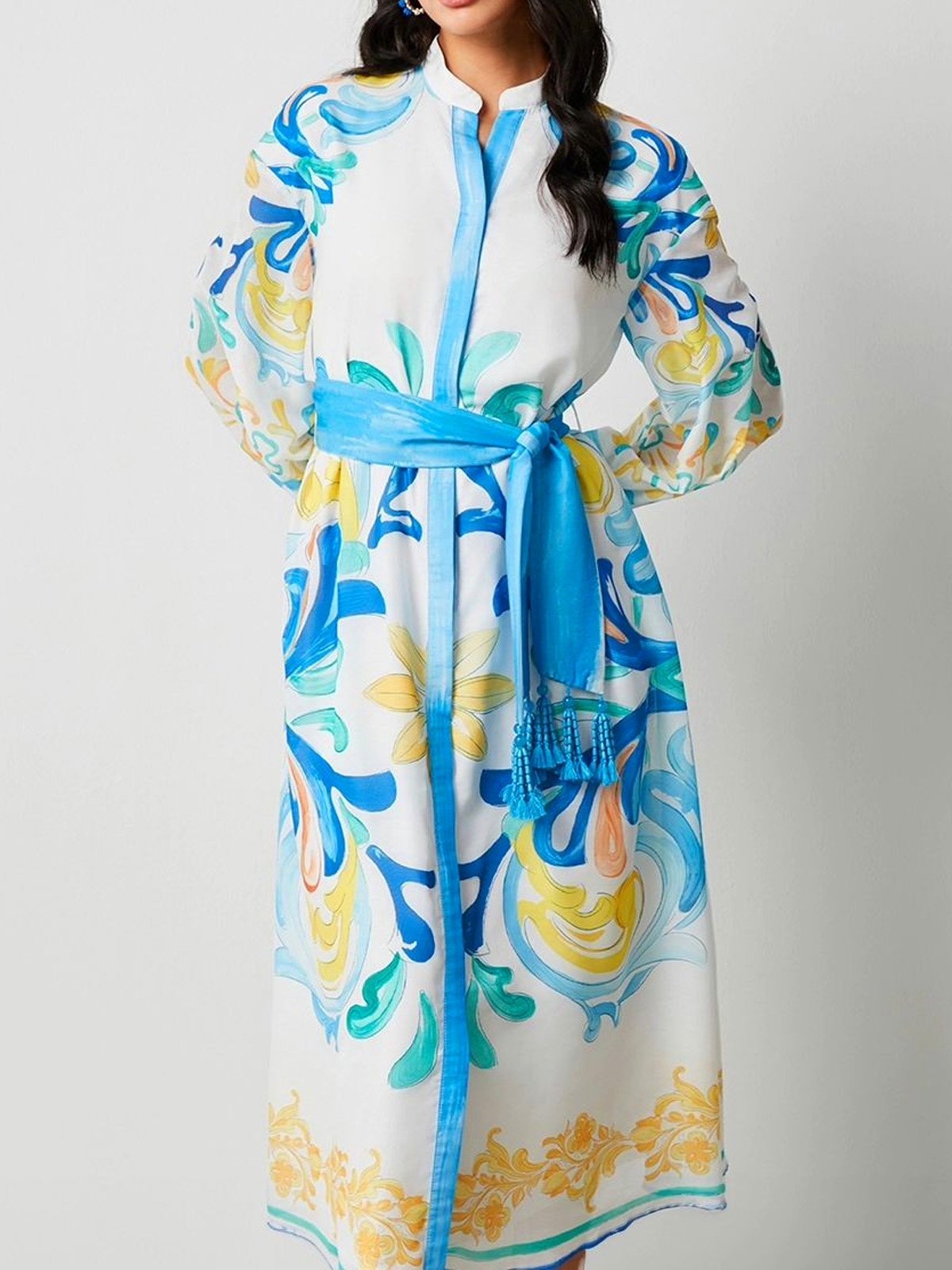 Casual Ocean Pattern Printing Stand Collar Midi Dress With Belt