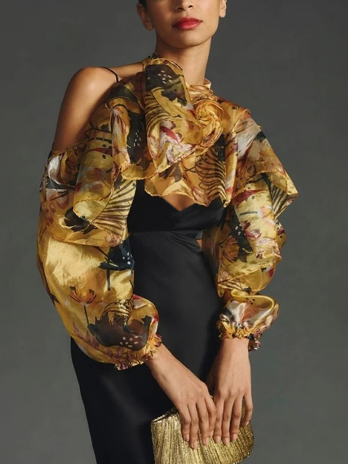 Elegant Floral Printing Stand Collar Blouse