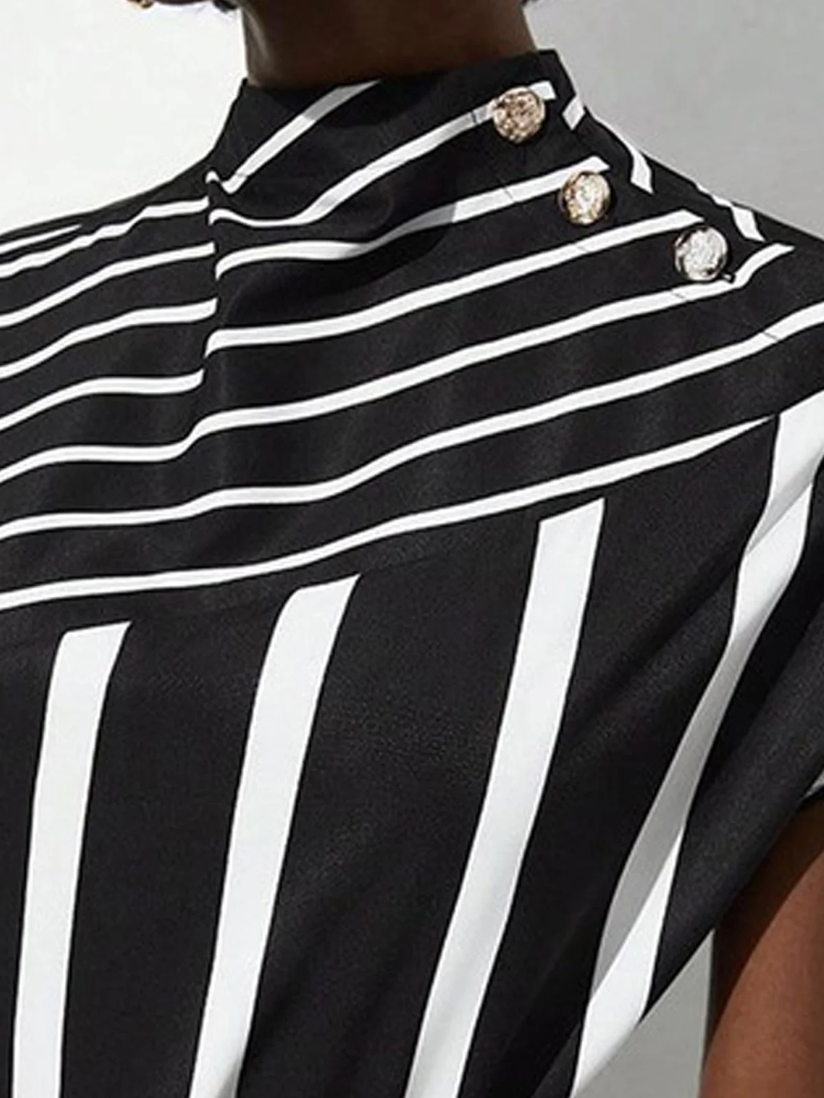 Urban Striped Buckle Mock Neck Blouse