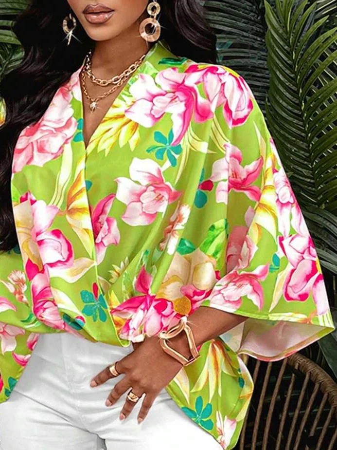 Vacation Floral Printing Dolman Sleeve Blouse