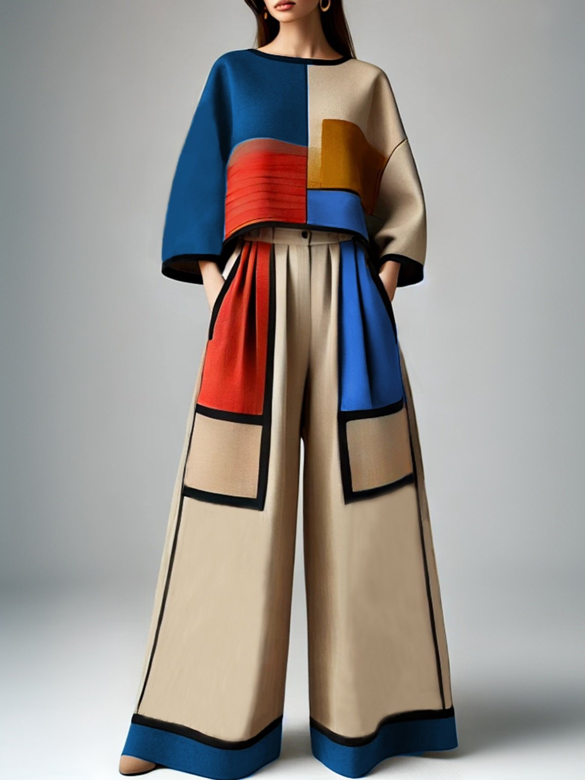 Casual Color Block Fashion Wide Leg Pants