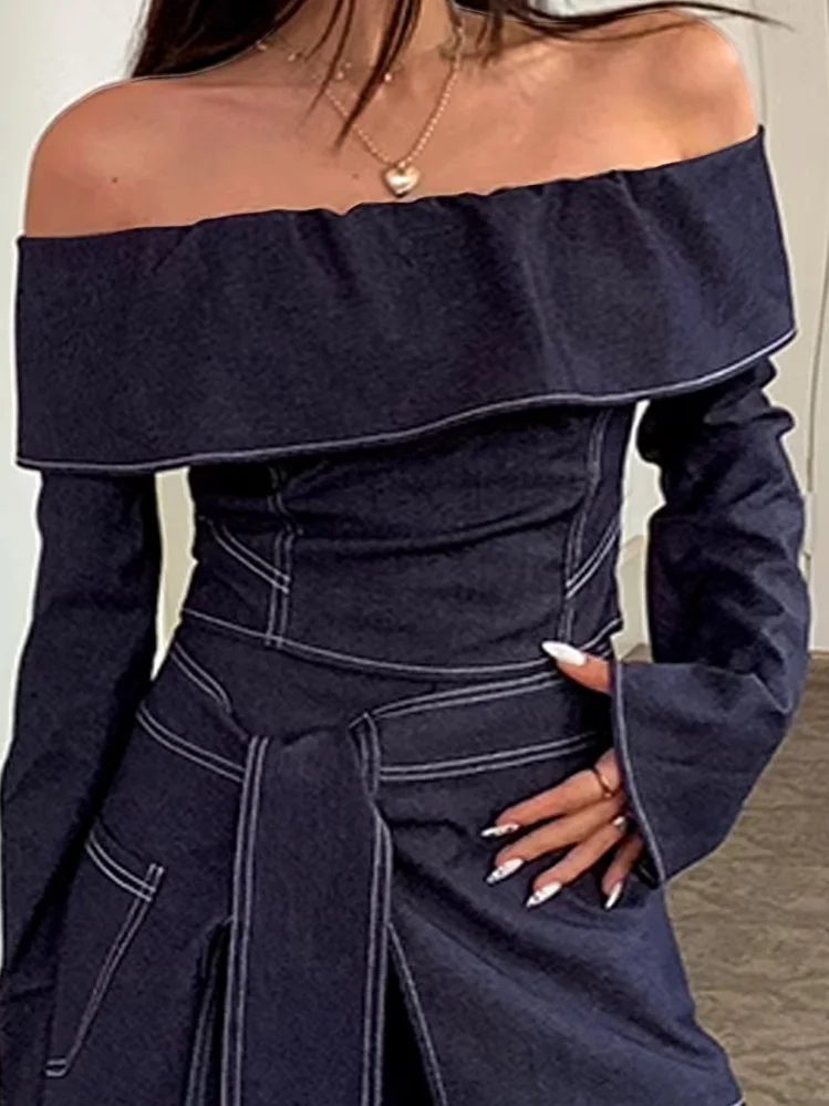 Urban Plain Cold Shoulder Off Shoulder Sleeve Denim Top