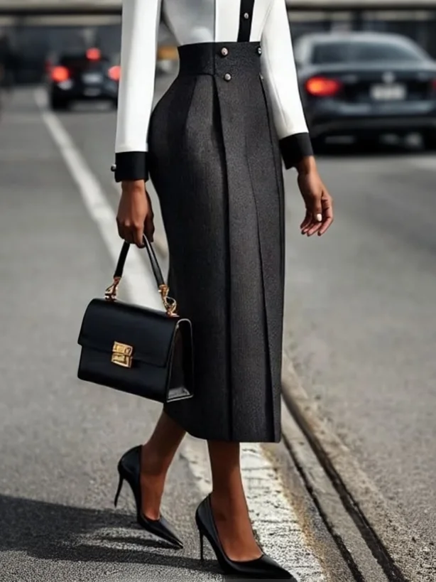 Urban Buttoned Plain Midi Skirt