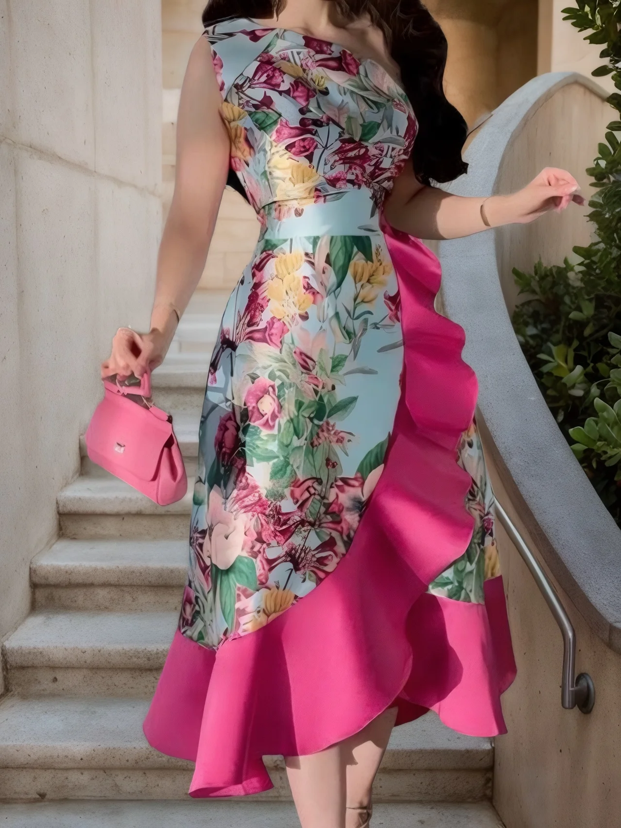 Elegant Floral Printing One Shoulder Midi Party Dress