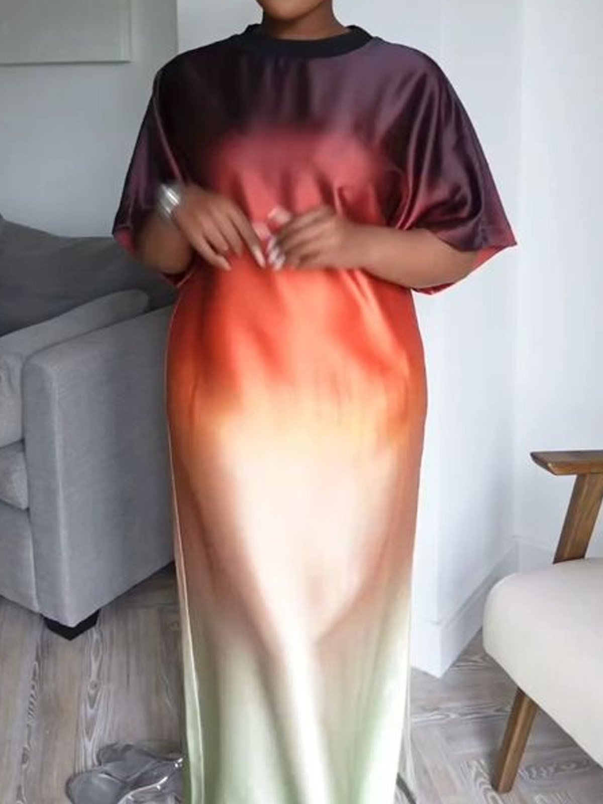 Urban Gradient Pattern Printing Crew Neck Maxi Dress