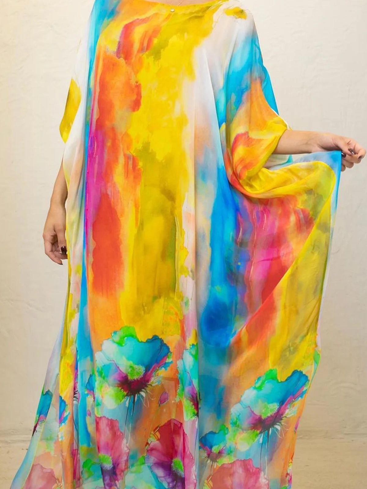 Vacation Ombre Raglan Sleeve Crew Neck Maxi Dress