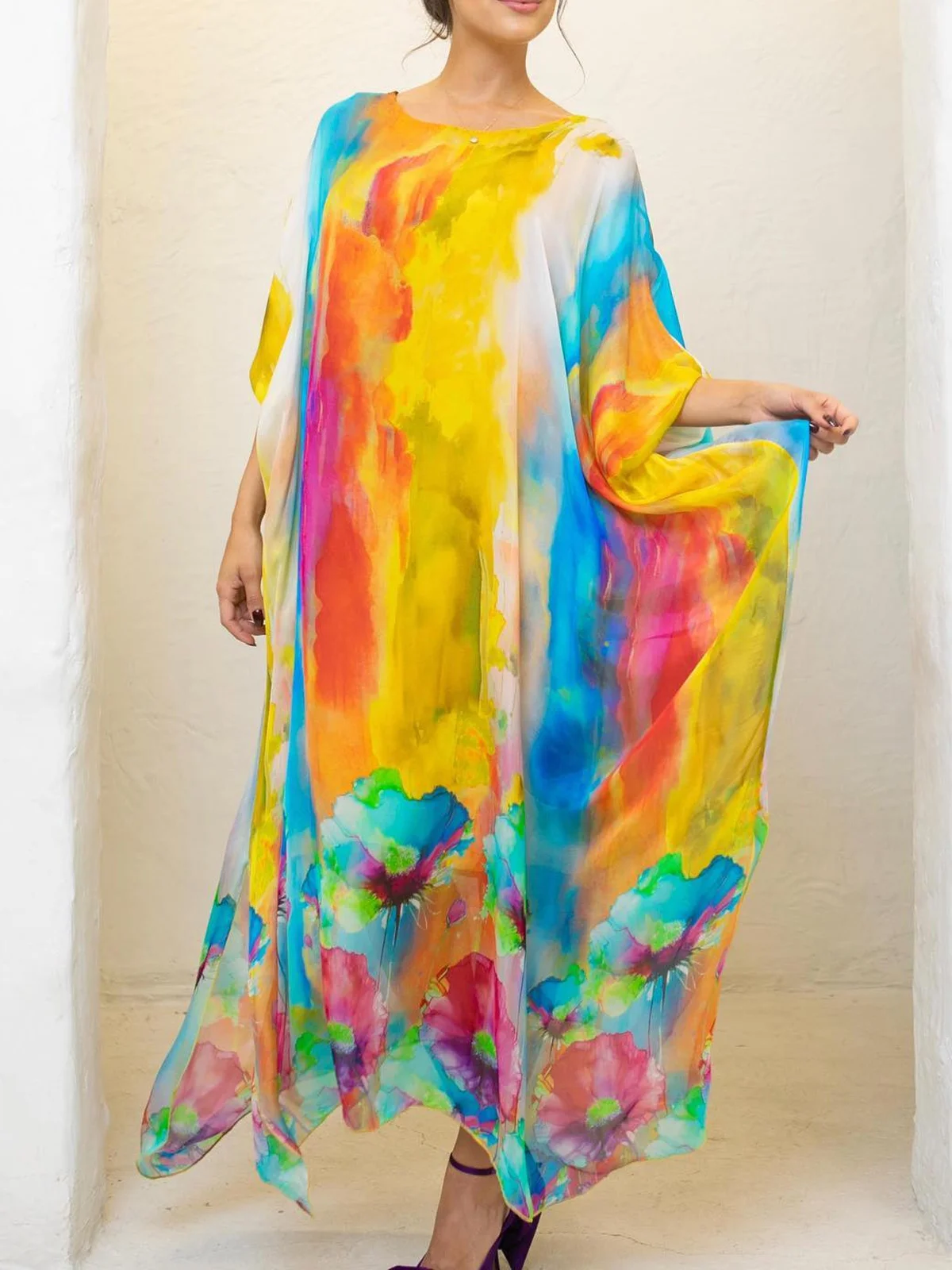 Vacation Ombre Raglan Sleeve Crew Neck Maxi Dress