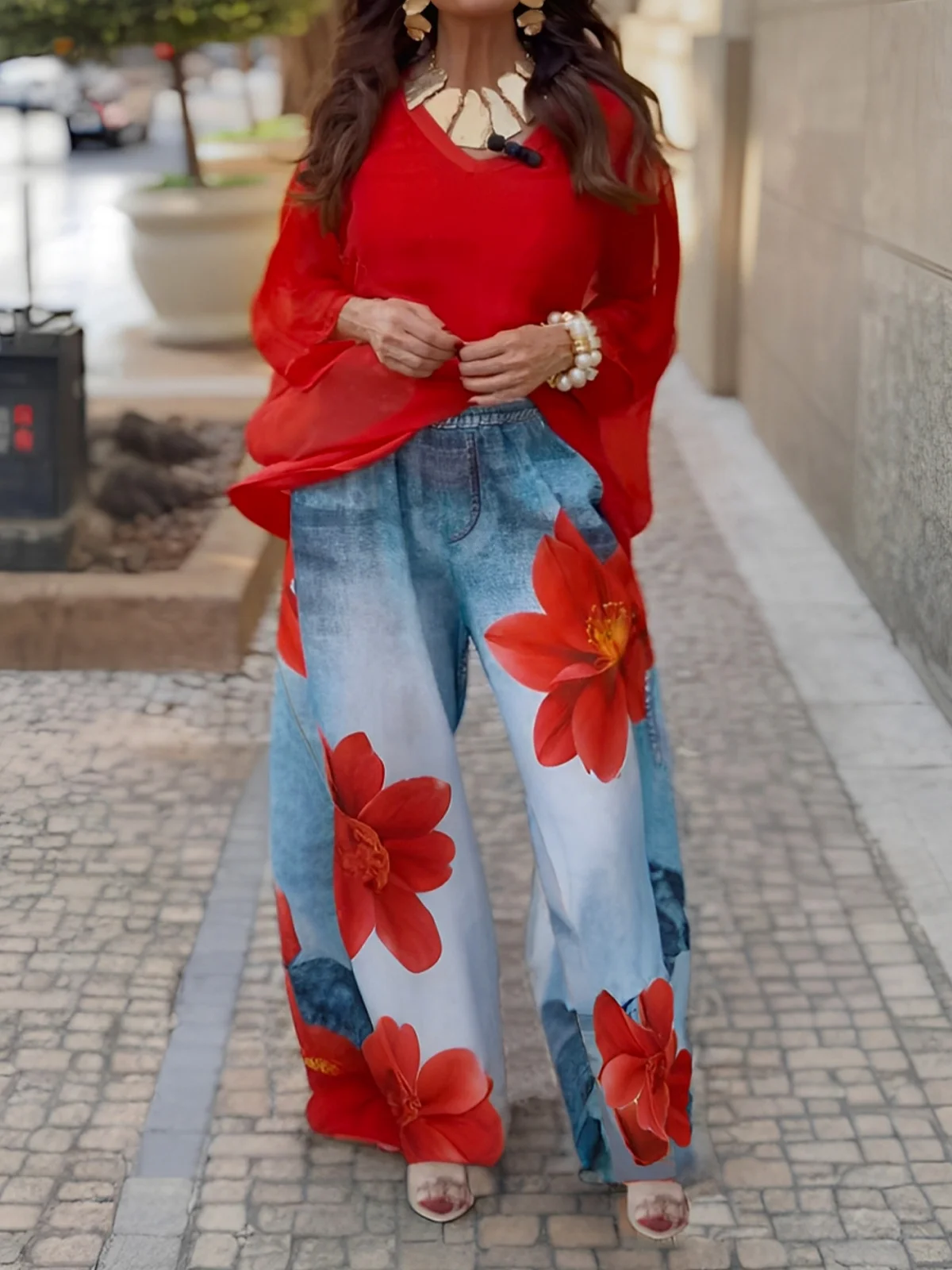 Casual Denim Print Graphic Printing Floral Wide Leg Pants