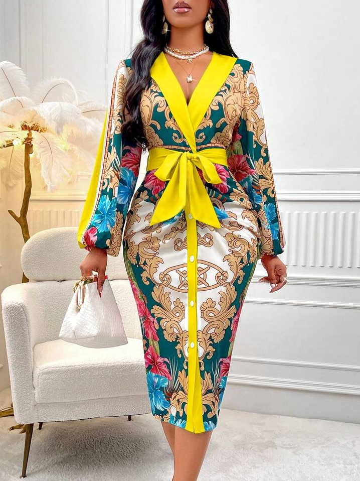 Urban Ethnic Printing V Neck Knee Length Dress With Belt