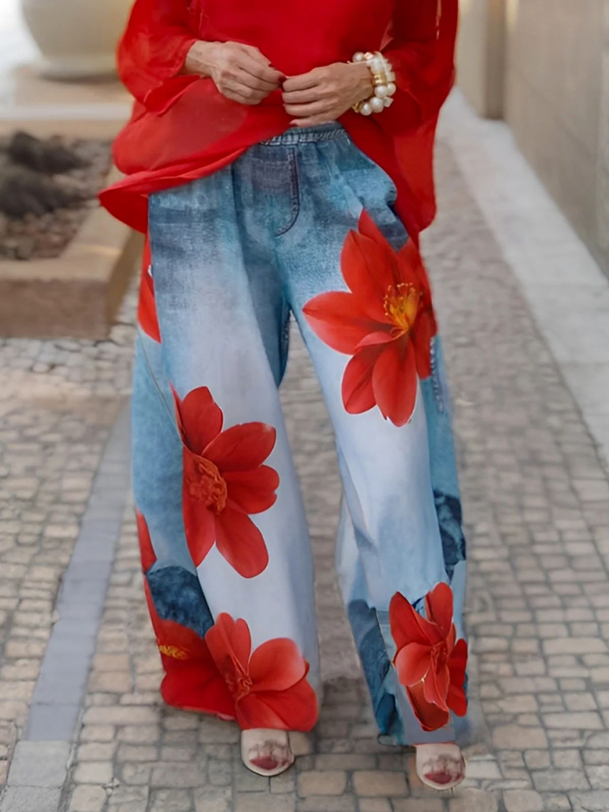 Casual Denim Print Graphic Printing Floral Wide Leg Pants