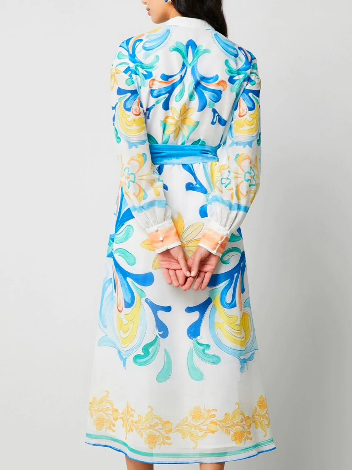 Casual Ocean Pattern Printing Stand Collar Midi Dress With Belt