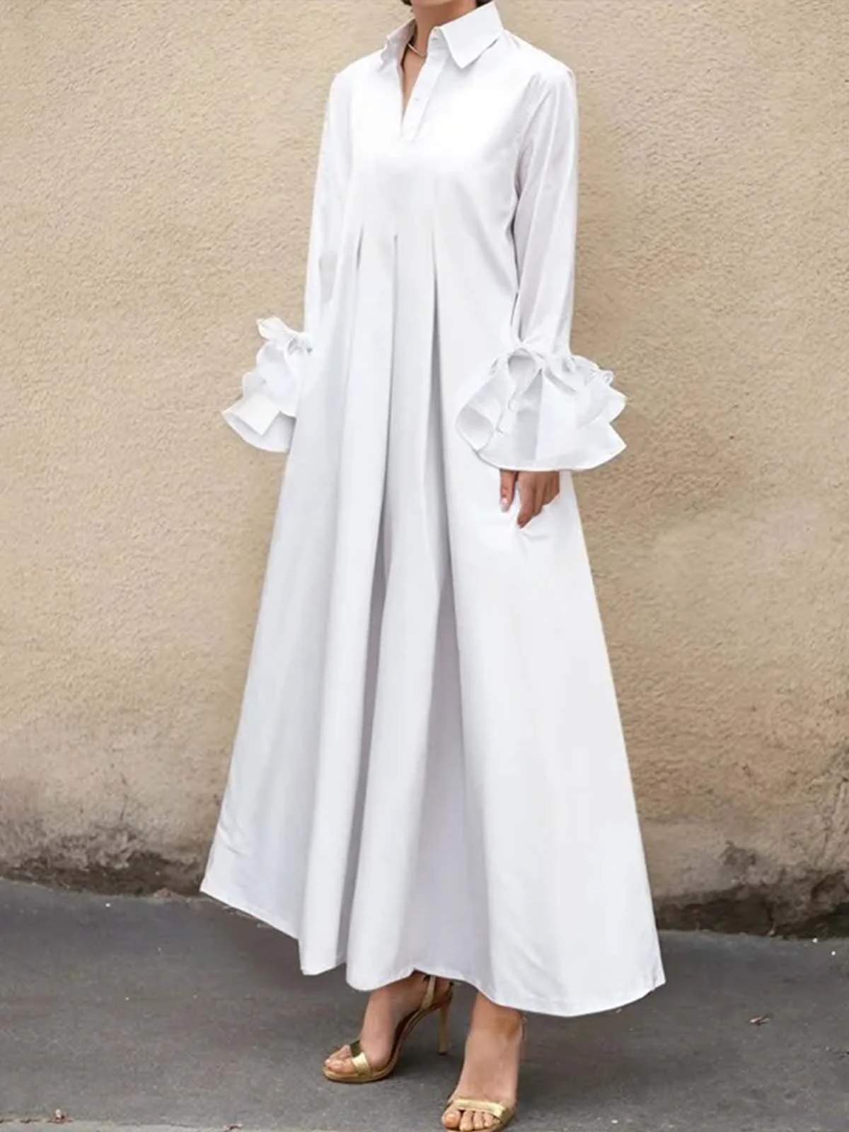 Urban Plain Ruffle Sleeve Shirt Collar Maxi Dress