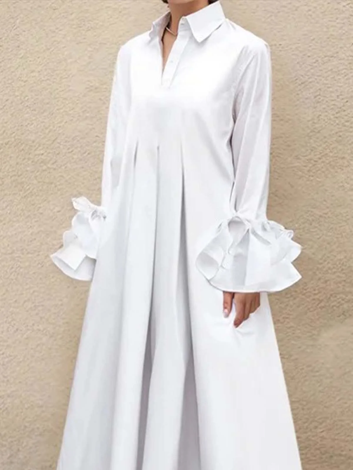 Urban Plain Ruffle Sleeve Shirt Collar Maxi Dress