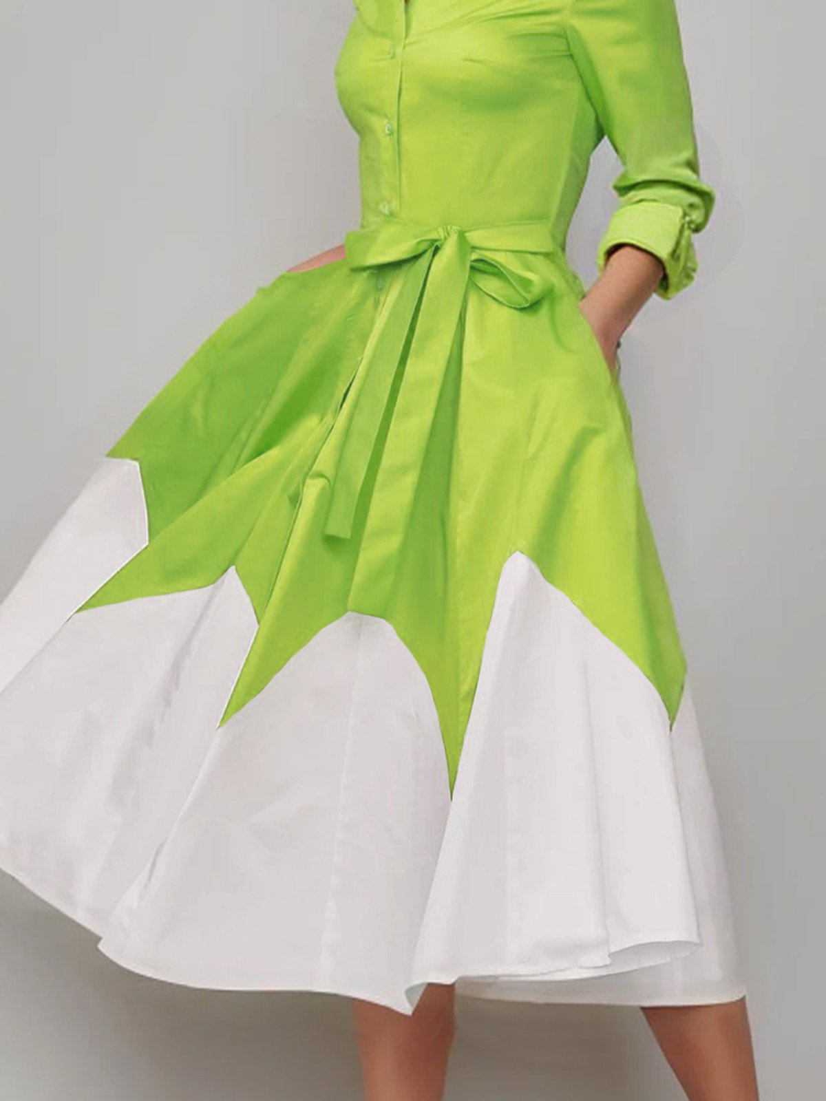 Elegant Color Block Shirt Collar Midi Dress With Belt