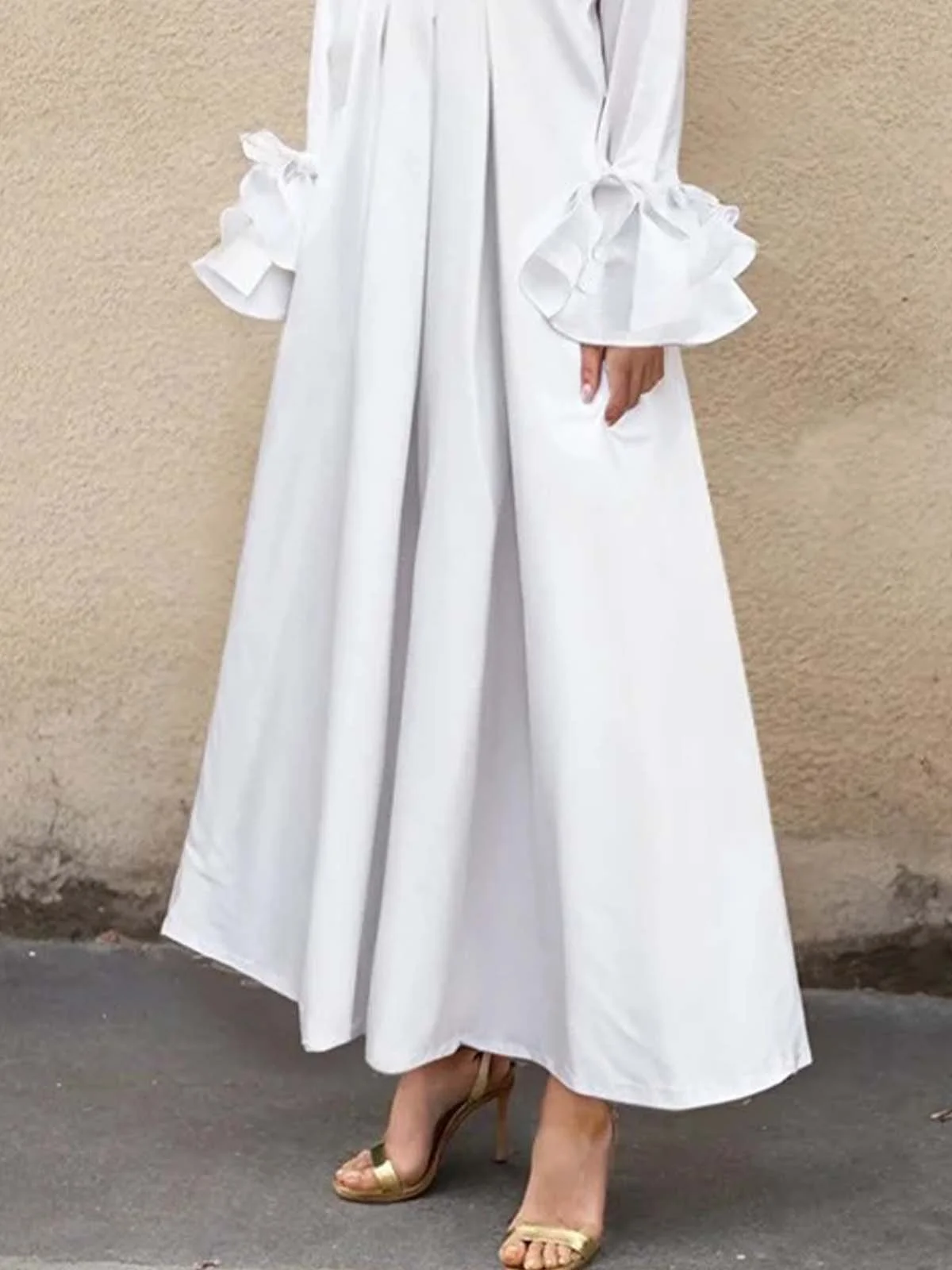 Urban Plain Ruffle Sleeve Shirt Collar Maxi Dress