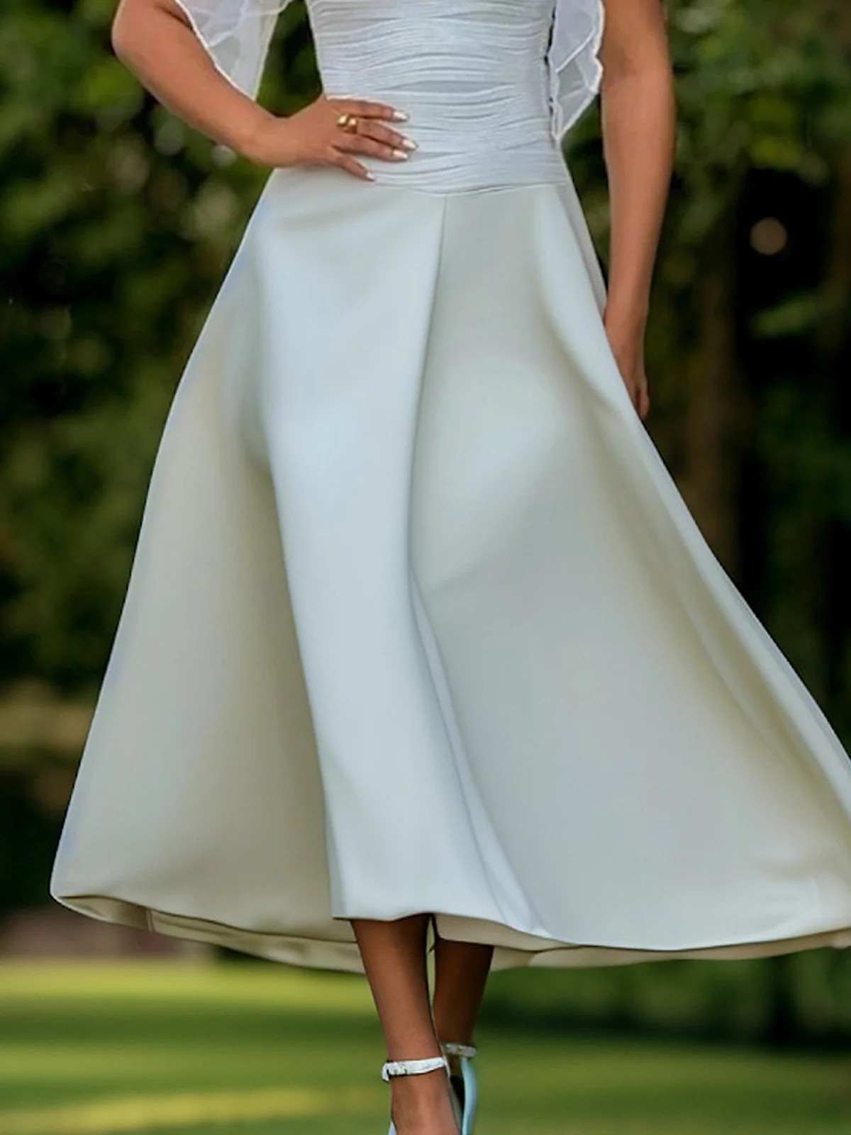 Elegant Plain Ruffle Sleeve Crew Neck Maxi Party Dress