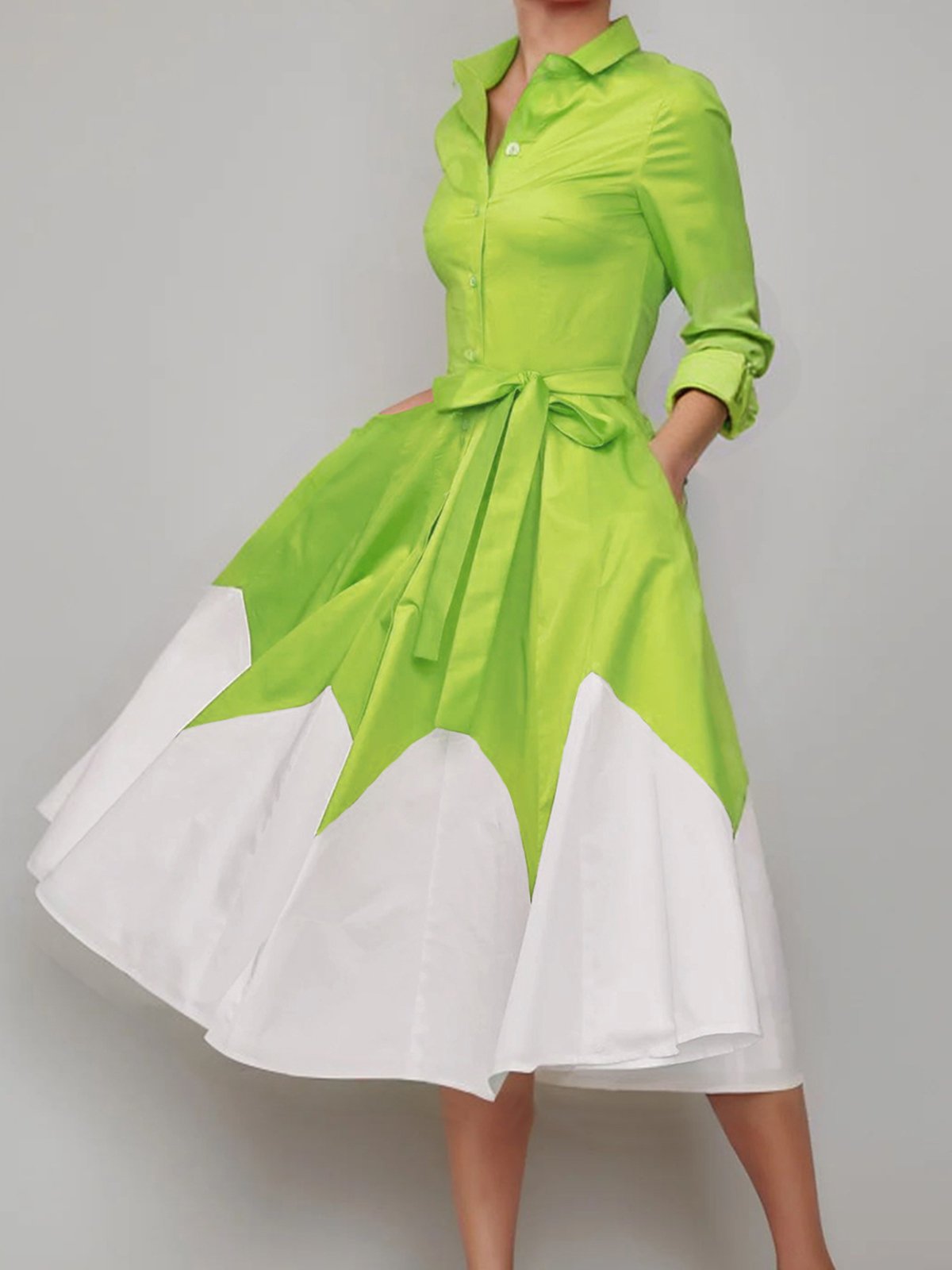 Elegant Color Block Shirt Collar Midi Dress With Belt