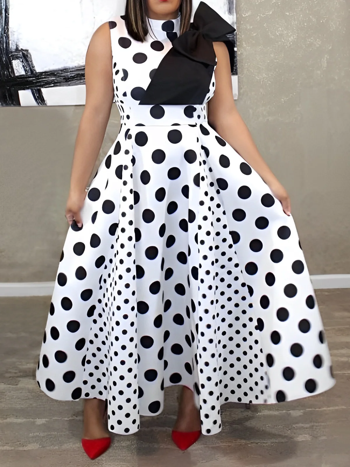 Elegant Polka Dots Bow  Maxi Dress