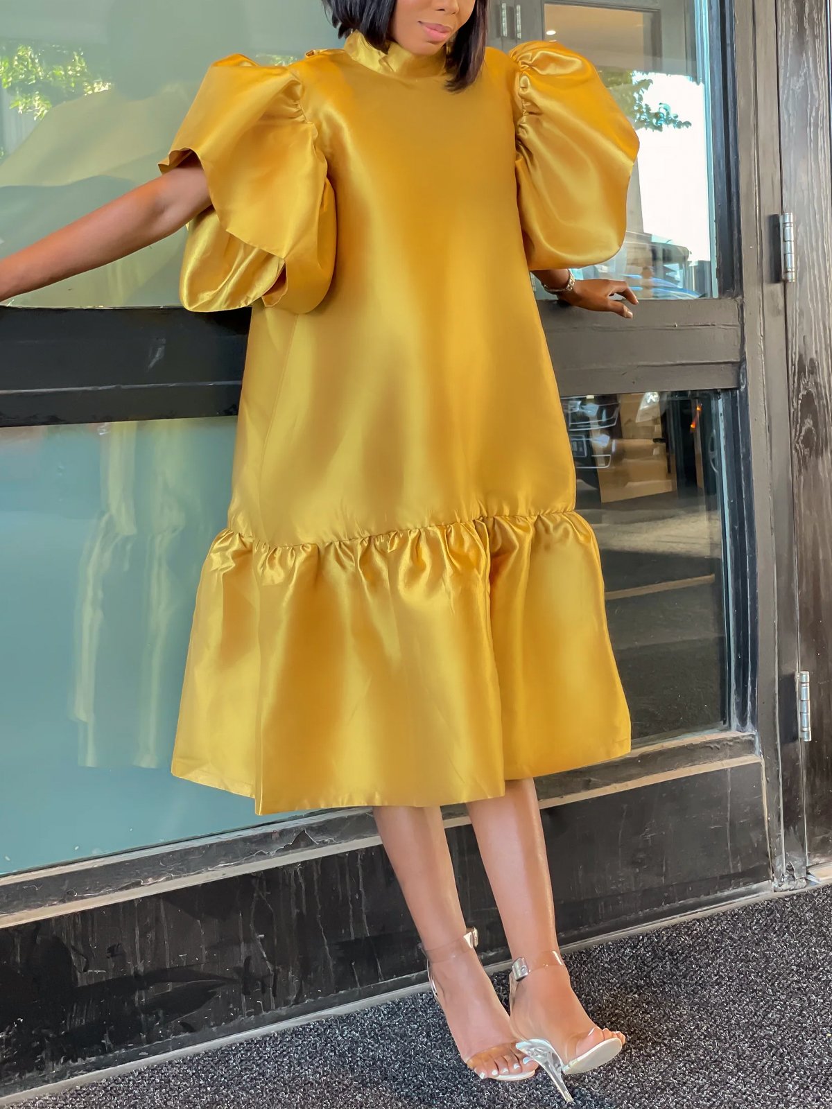 Elegant Loosen Puff Sleeve Stand Collar Midi Dress