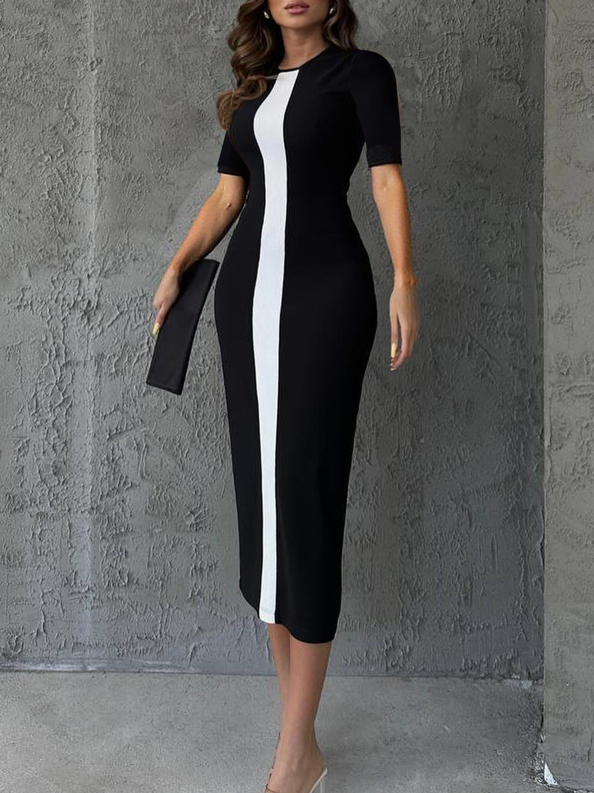 Elegant Color Block Split Joint Crew Neck Midi Dress