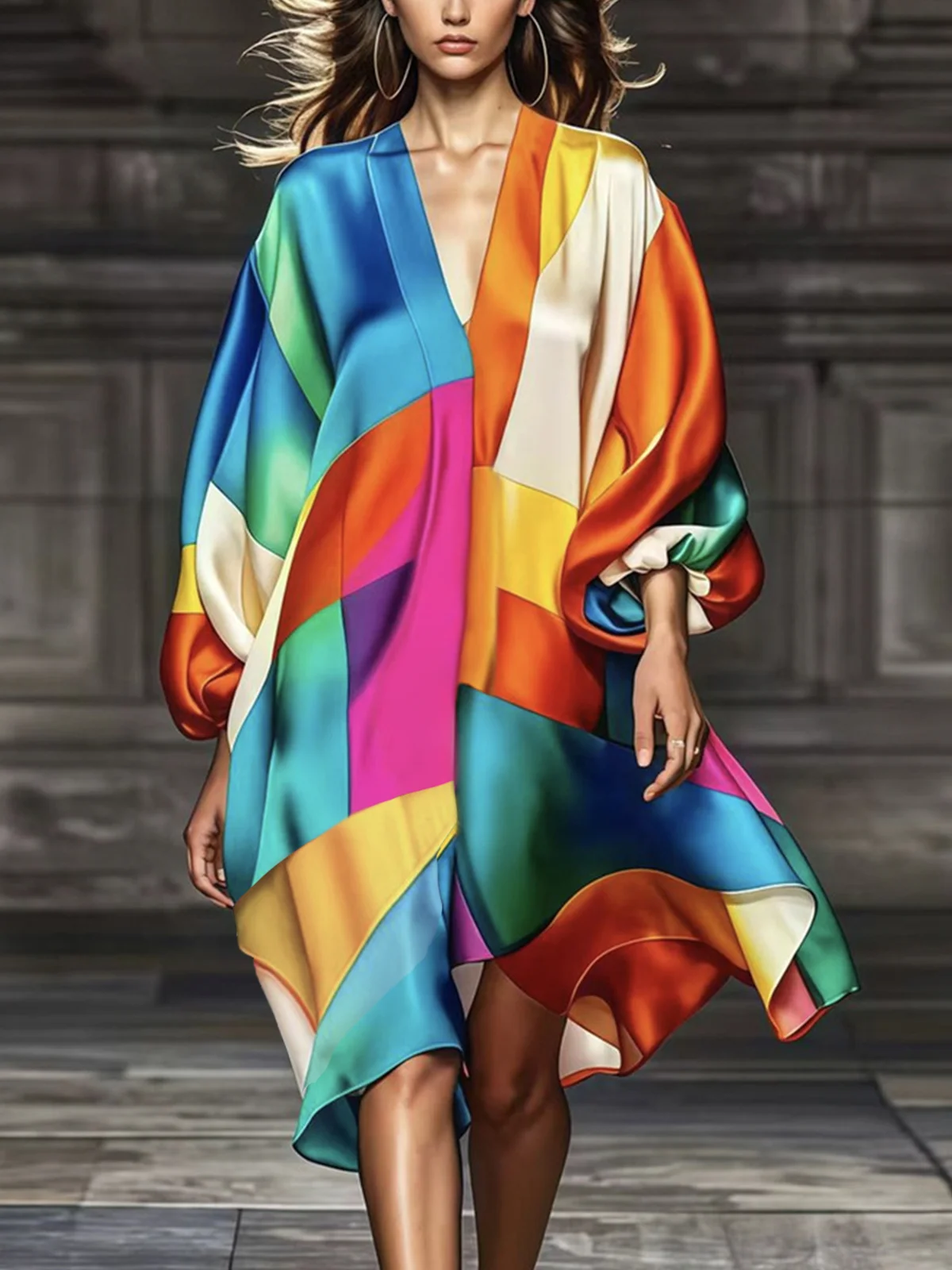 Urban Color Block Balloon Sleeve Midi Dress