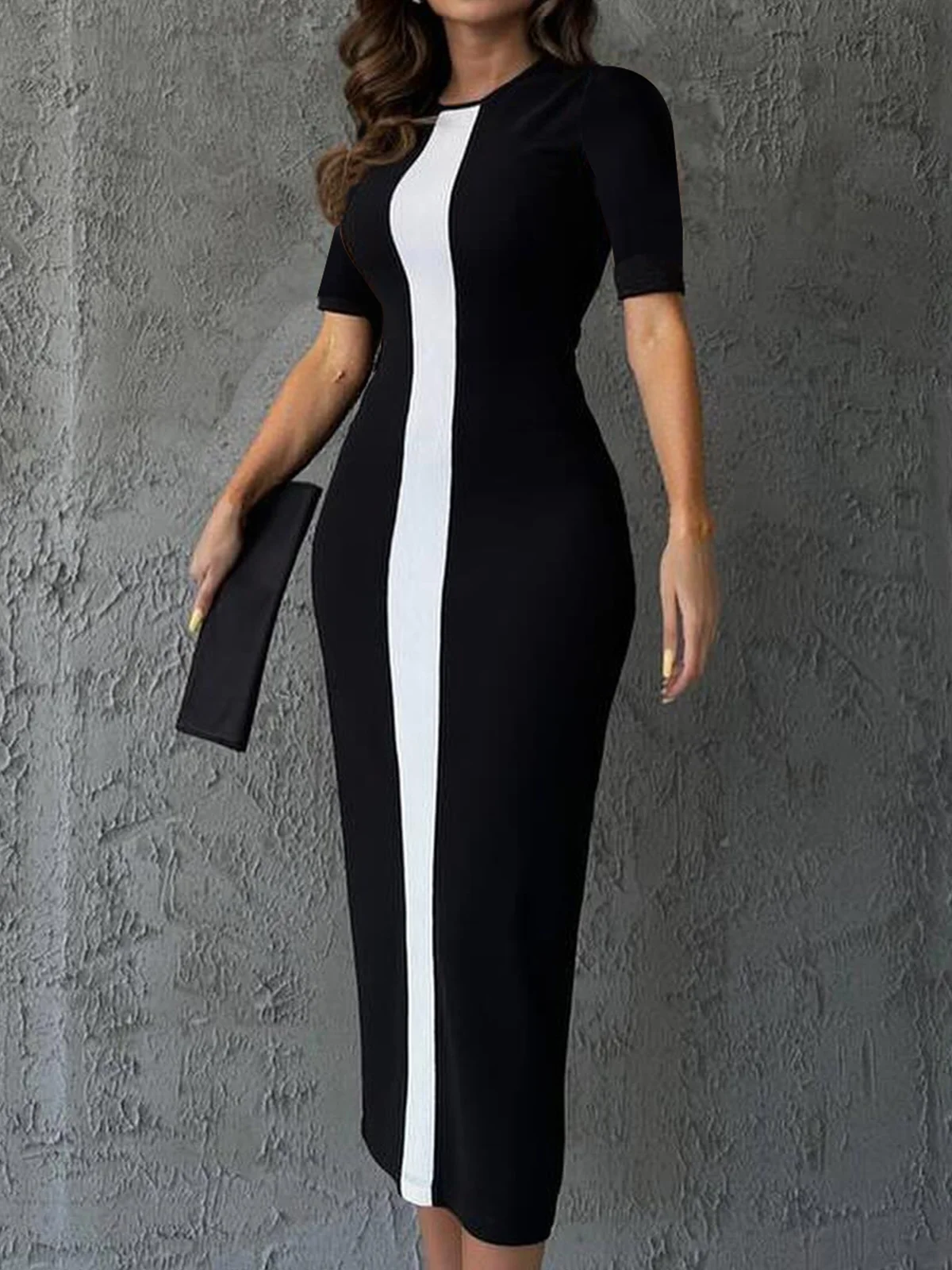 Elegant Color Block Split Joint Crew Neck Midi Dress