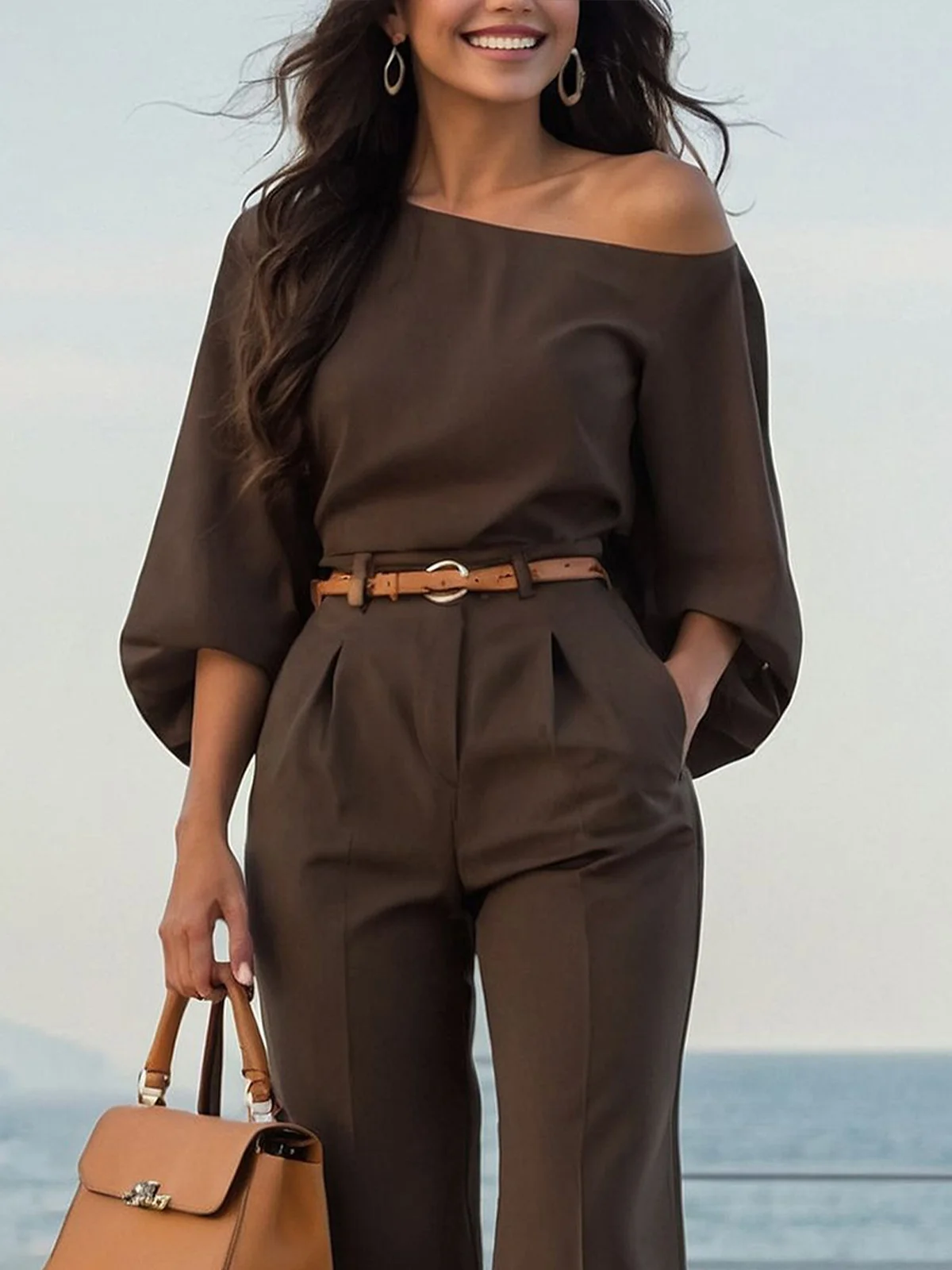 Urban Plain Irregular Craftsmanship One Shoulder Balloon Sleeve Blouse