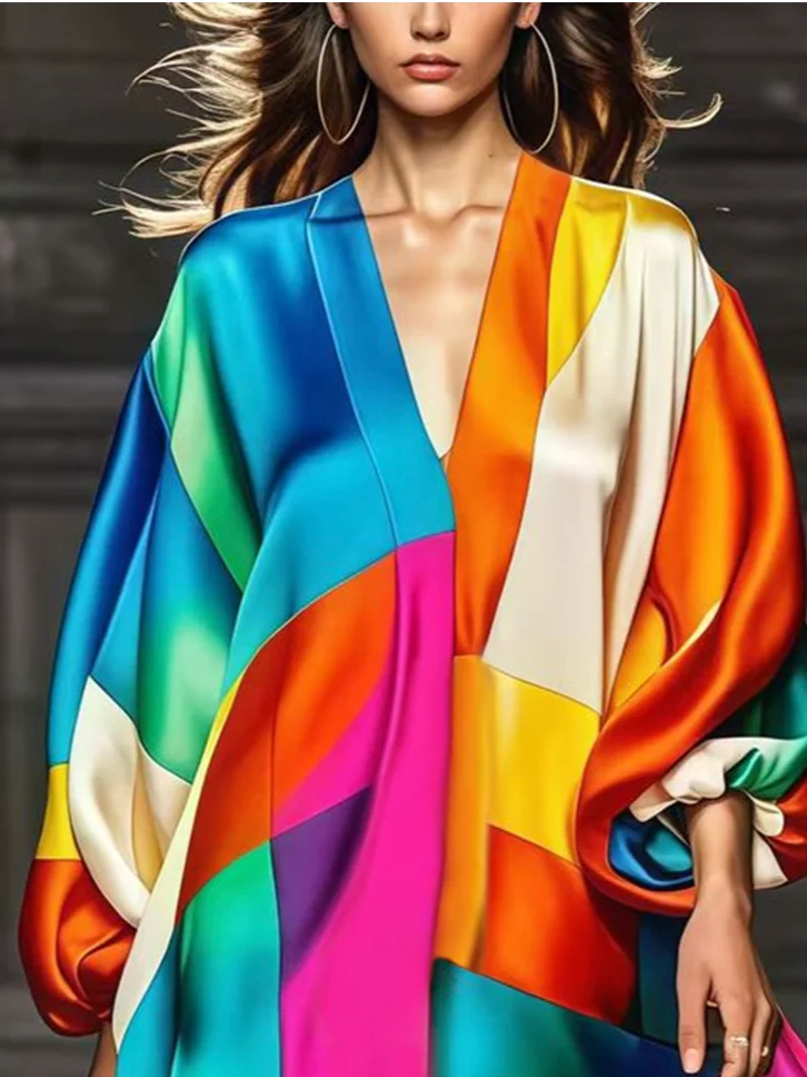 Urban Color Block Balloon Sleeve Midi Dress