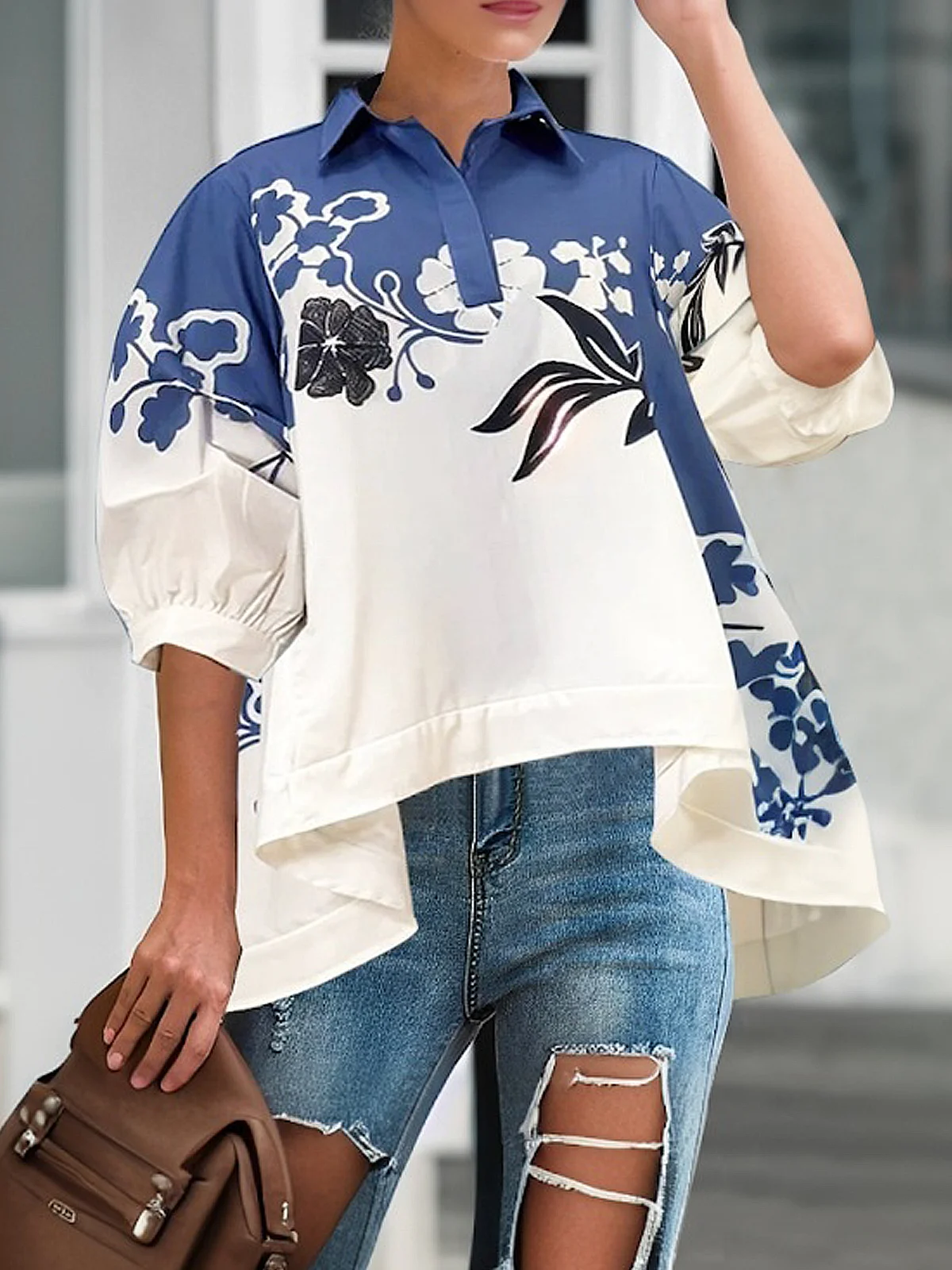 Casual Floral Printing Balloon Sleeve Shirt