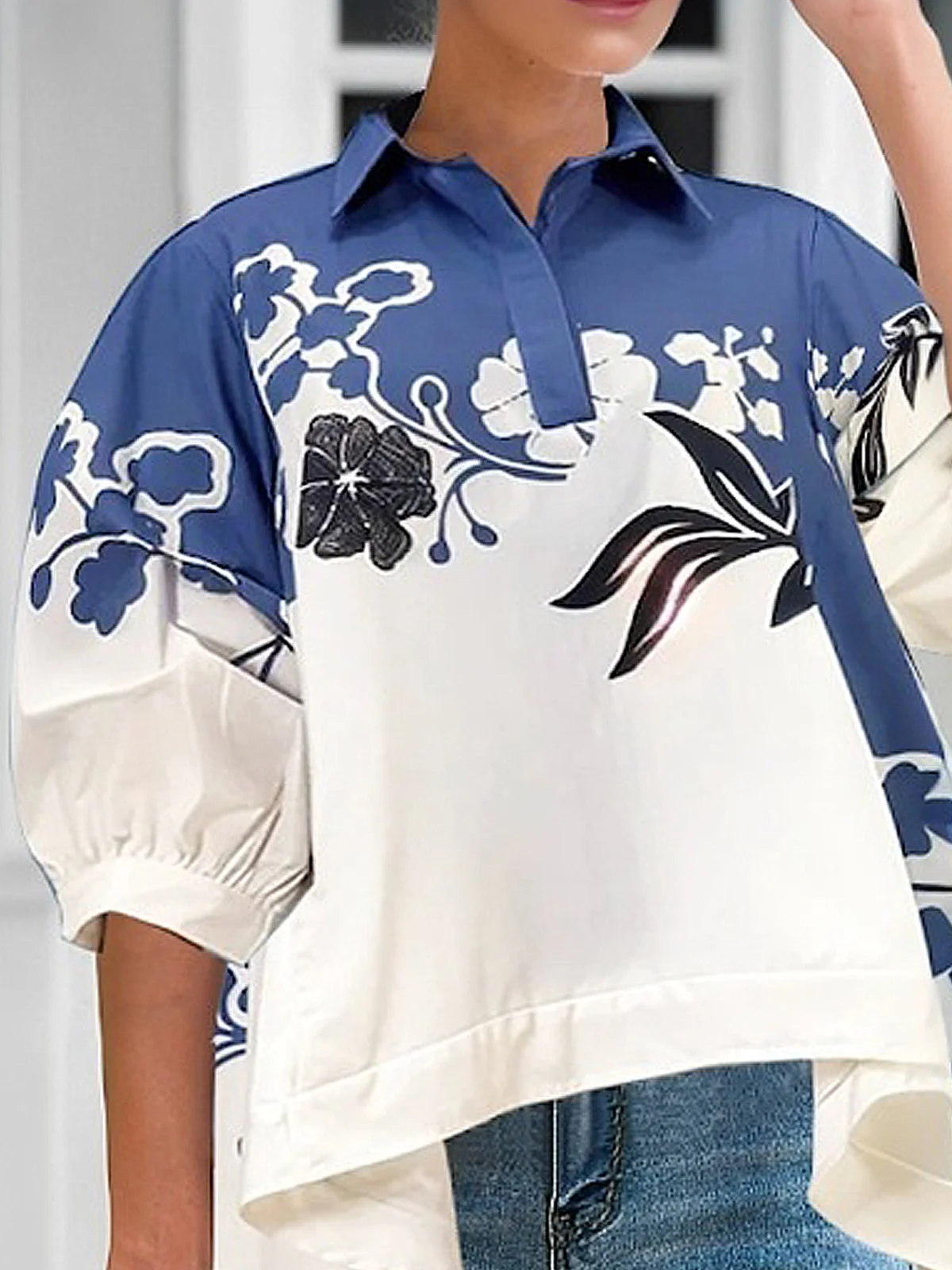 Casual Floral Printing Balloon Sleeve Shirt