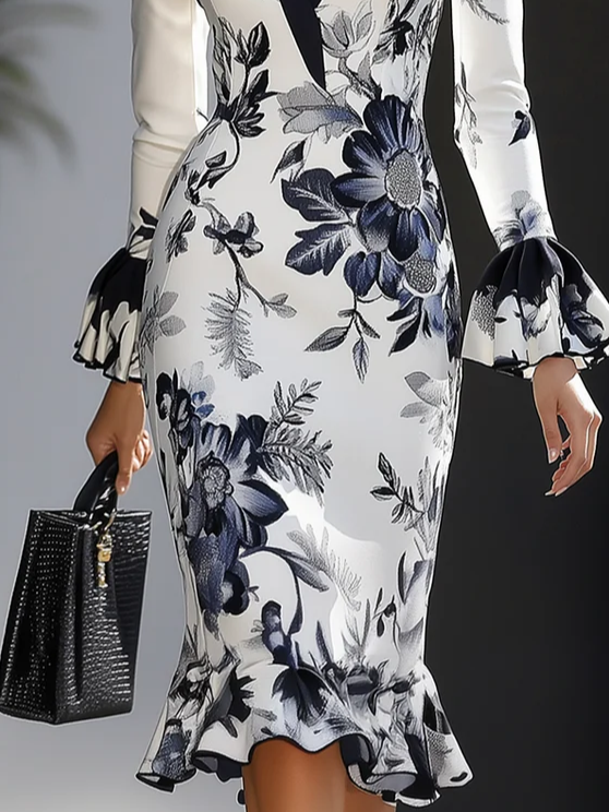 Elegant Floral Ruffle Sleeve Printing V Neck Knee Length Dress