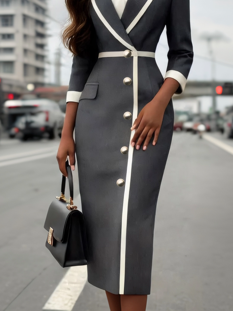 Urban Color Block Lapel Collar Midi Dress