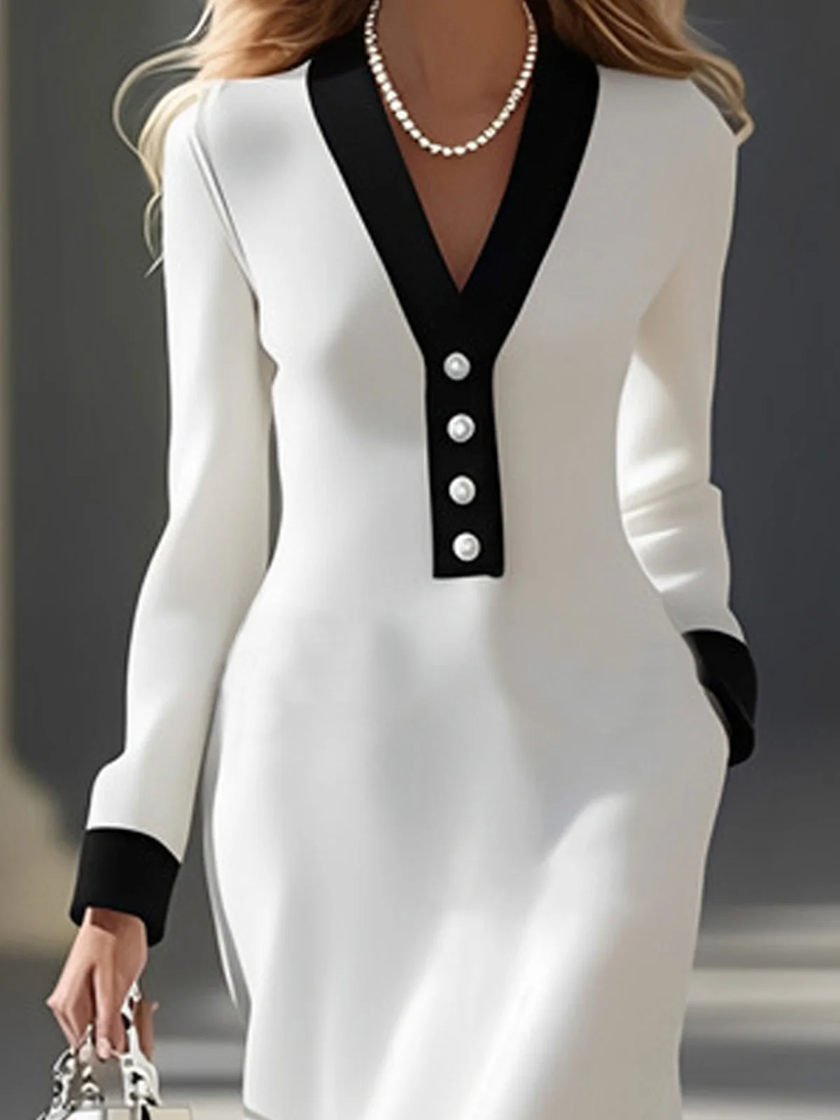 Urban Black And White Colorblock Split Joint V Neck Midi Dress