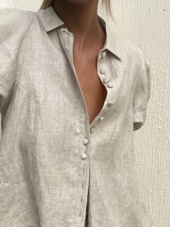 Vacation Plain Buttoned Puff Sleeve Shirt