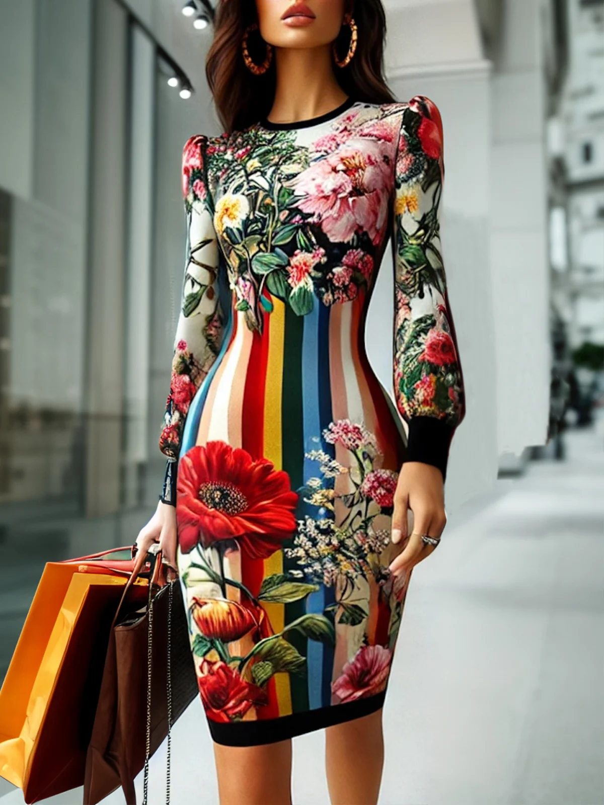 Elegant Floral Balloon Sleeve Printing Crew Neck Mini Dress