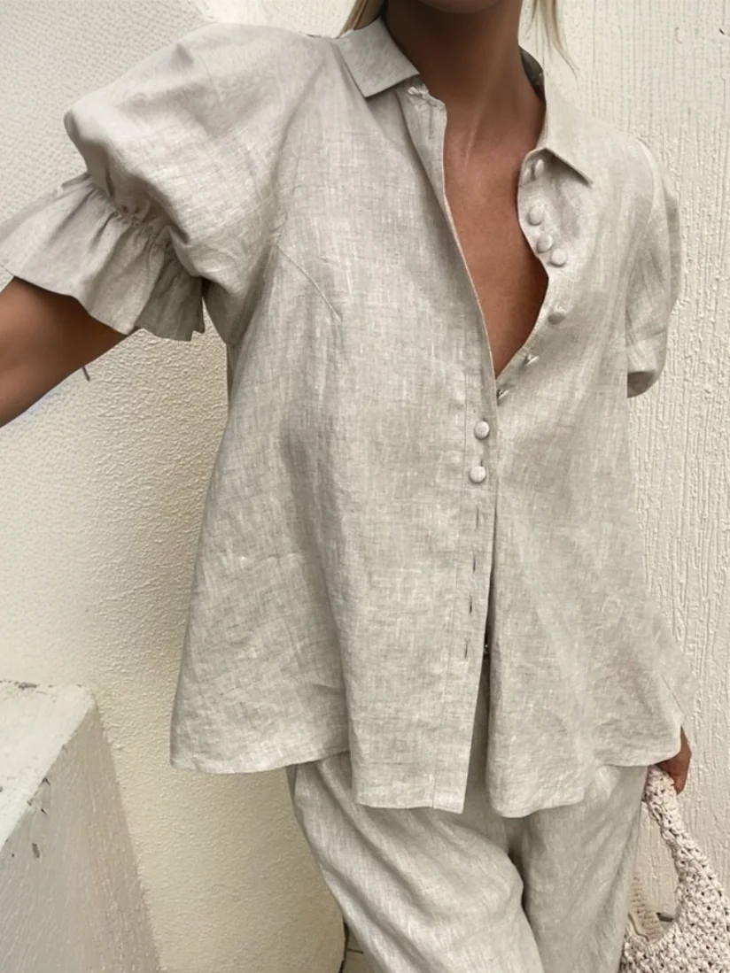 Vacation Plain Buttoned Puff Sleeve Shirt