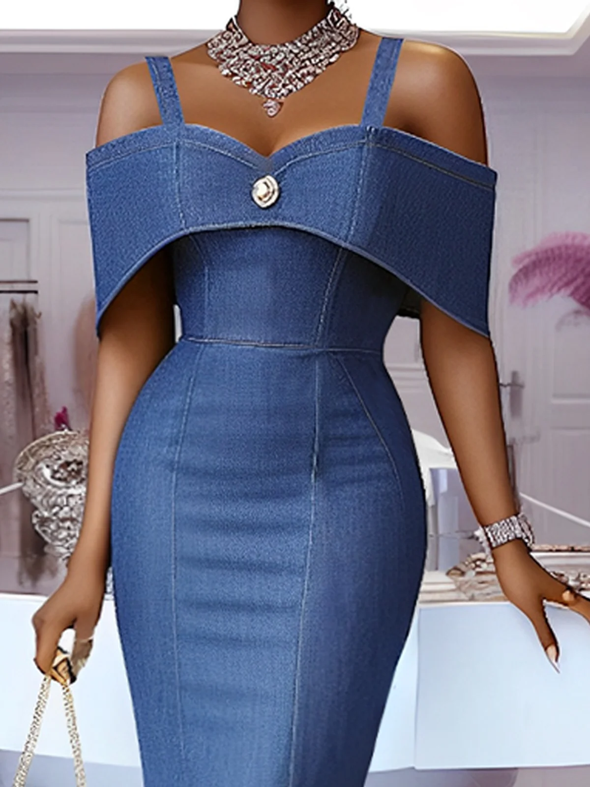 Micro-Elasticity Elegant Plain Denim Midi Dress